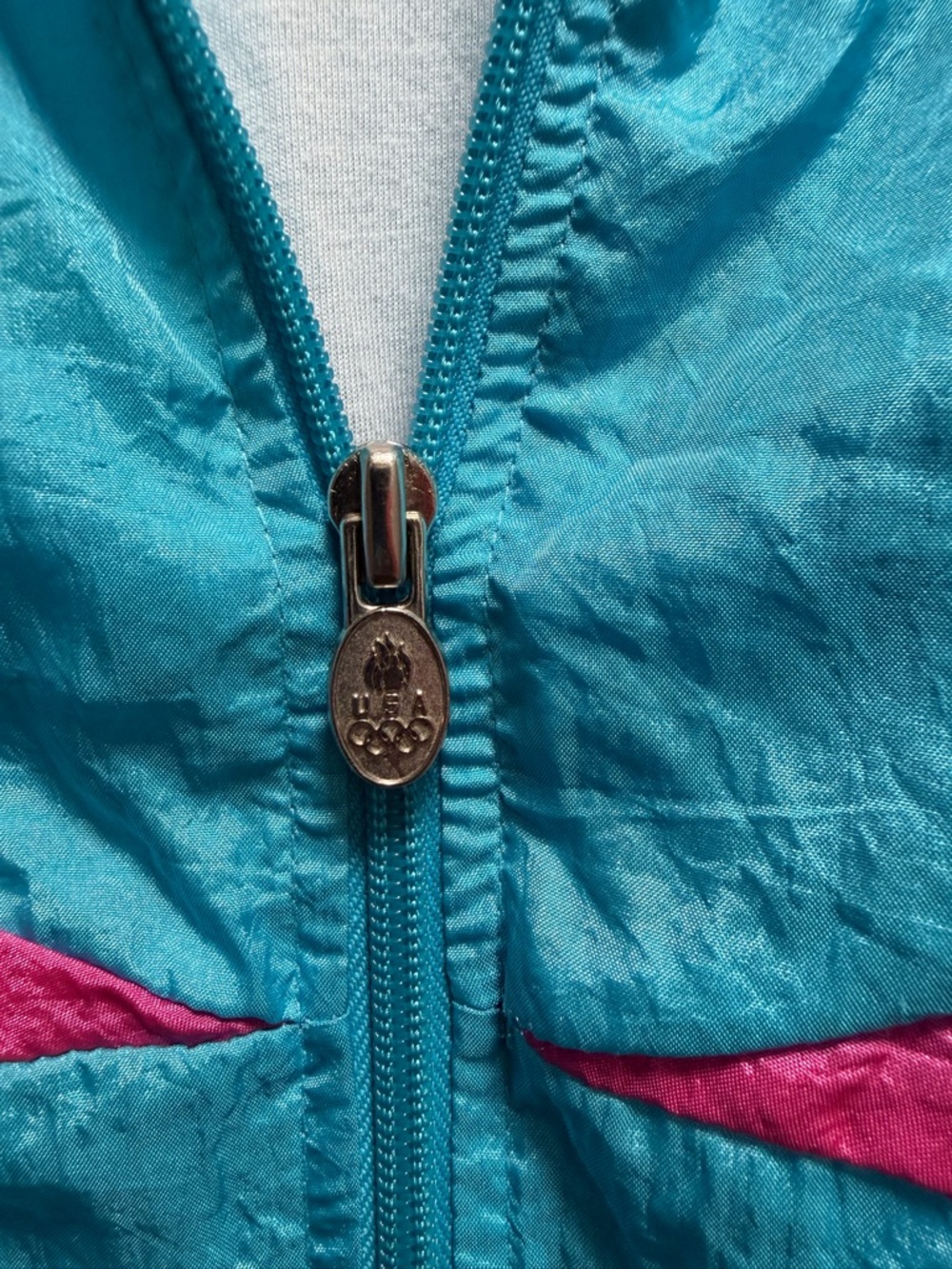 VTG USA Olympic JcPenney Nylon Windbreaker Jacket Sz L Blue Pink White Retro - Picture 3 of 11